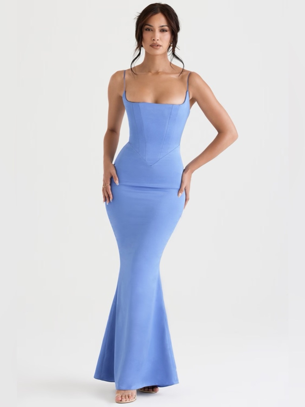 House of CB ‘Olivette’ Periwinkle Satin Corset Maxi Dress | Size: L